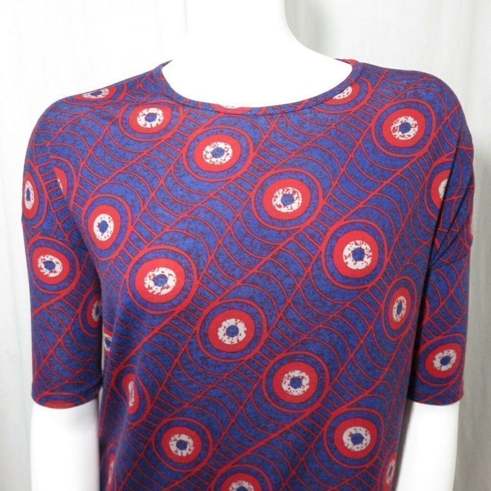 LuLaRoe XS Blue Red Spiderweb Bulls Eye Irma Tunic Shirt Top
